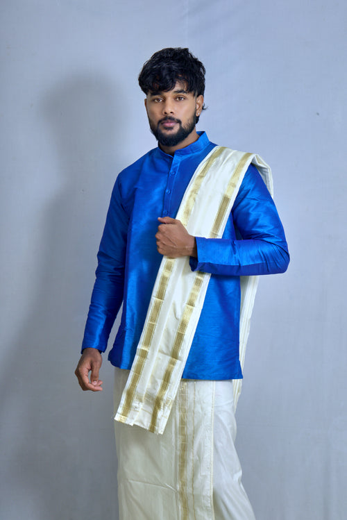 Royal Sapphire Silk Kurta with Traditional Kasavu Mundu Set