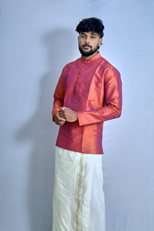 Men’s Copper Silk Kurta with White Mundu – Classic Festive Look