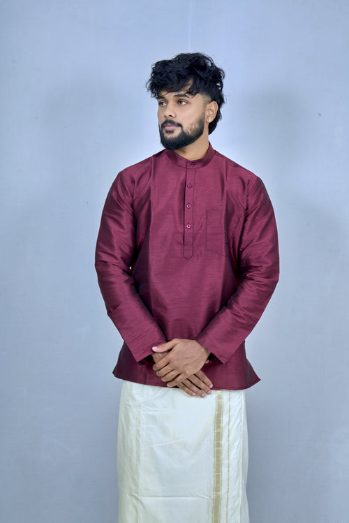 Maroon Semi-Silk Traditional Kurta with Kerala Mundu – Festive Ethnic Wear for Men