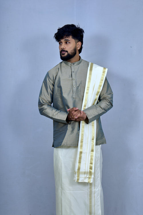 Premium Greyish-Green Silk Blend Kurta