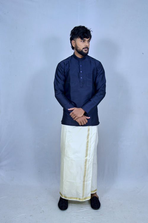 Elegant Navy Blue Mandarin Collar Kurta