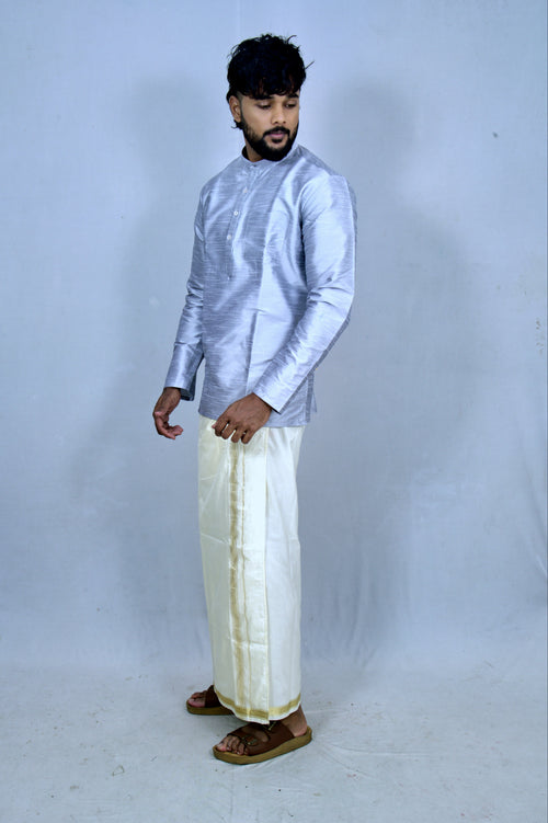 Elegant Silver Mandarin Collar Kurta