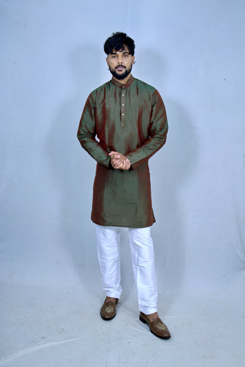 Men's Long Olive Green Silk Kurta – Luxurious Festive Ethnic Wear