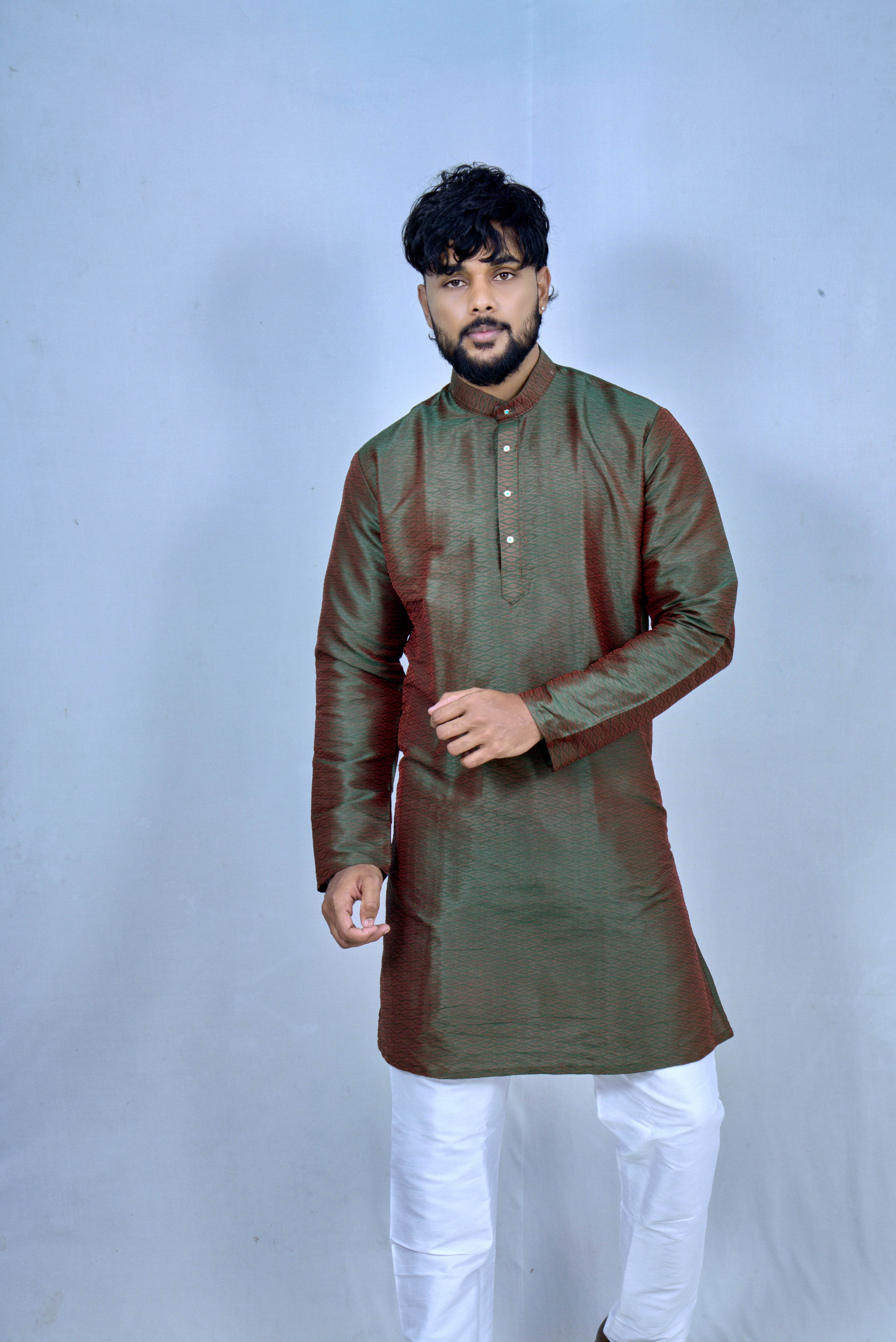 Men's Long Olive Green Silk Kurta – Luxurious Festive Ethnic Wear