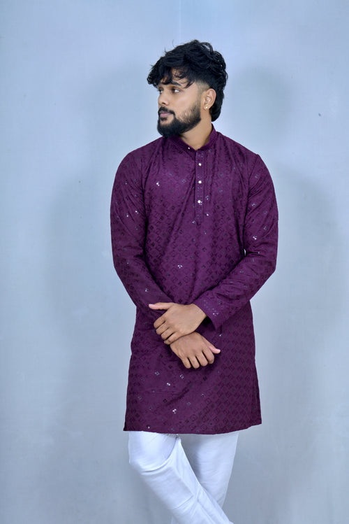 Men’s Dark Purple Embroidered Kurta – Premium Ethnic Wear