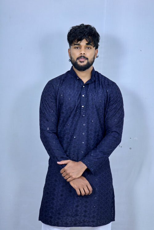 Men’s Dark Blue Embroidered Kurta – Premium Ethnic Wear