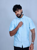 Sky Blue Textured Short-Sleeve Casual Shirt for Men