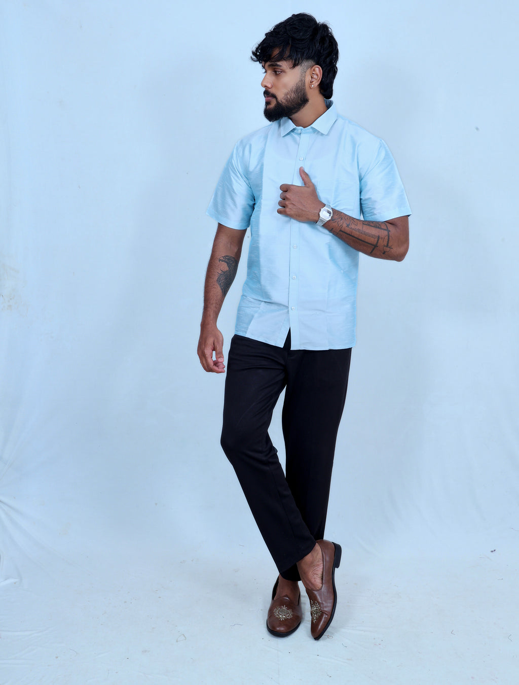 Sky Blue Textured Short-Sleeve Casual Shirt for Men