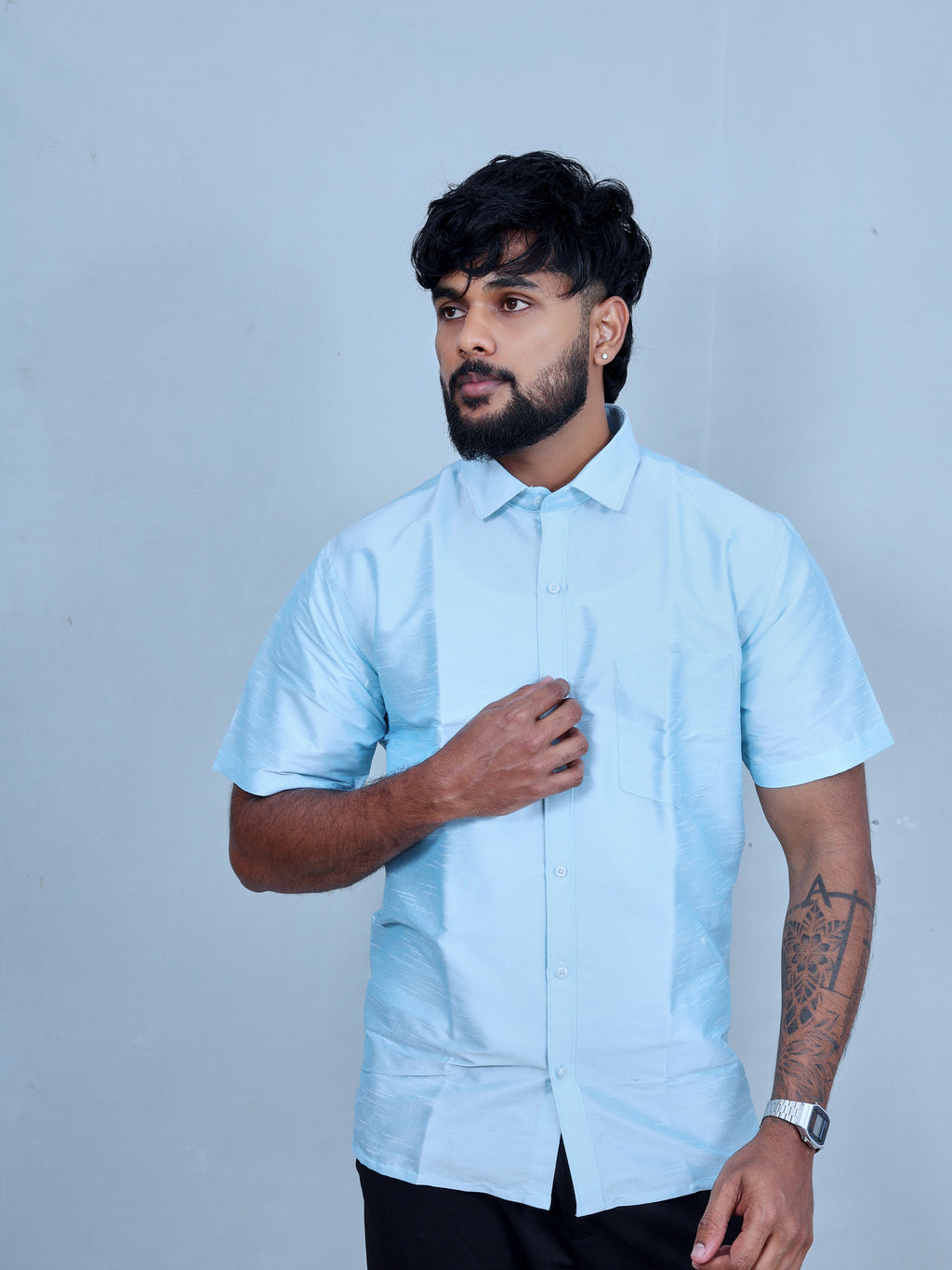Sky Blue Textured Short-Sleeve Casual Shirt for Men