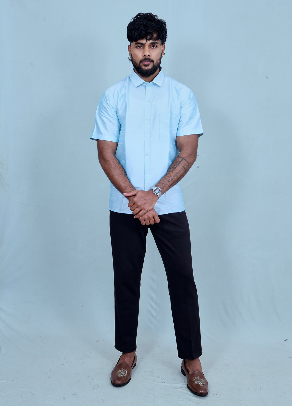 Sky Blue Textured Short-Sleeve Casual Shirt for Men